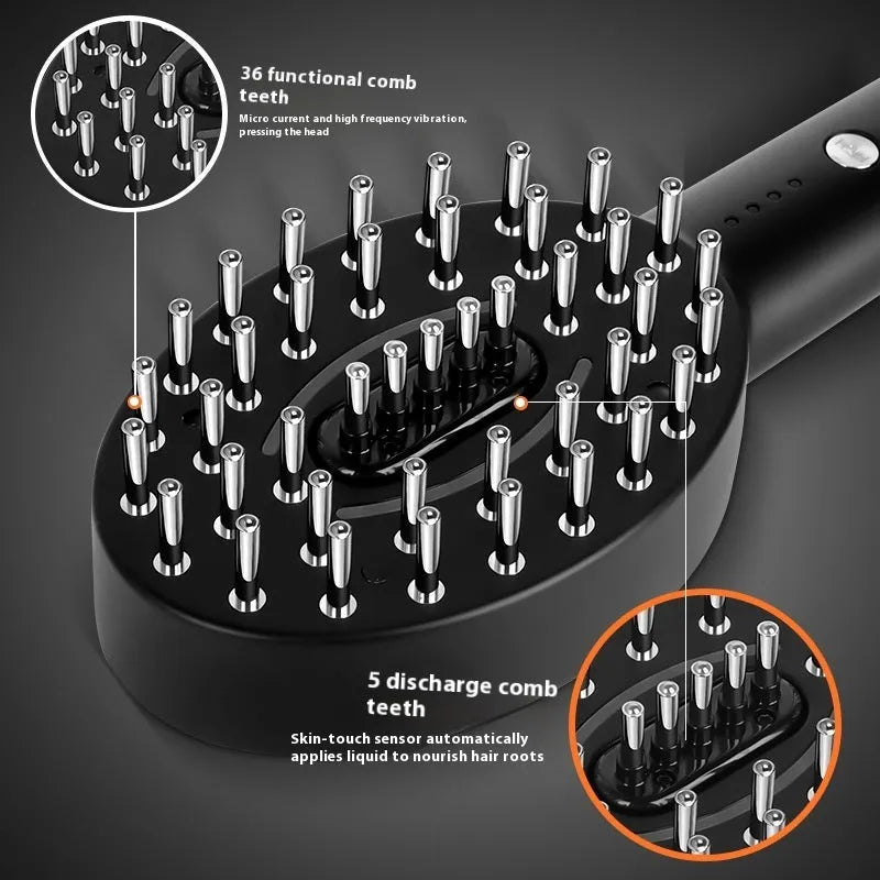 Black handheld scalp massage device with adjustable vibration settings and USB charging port