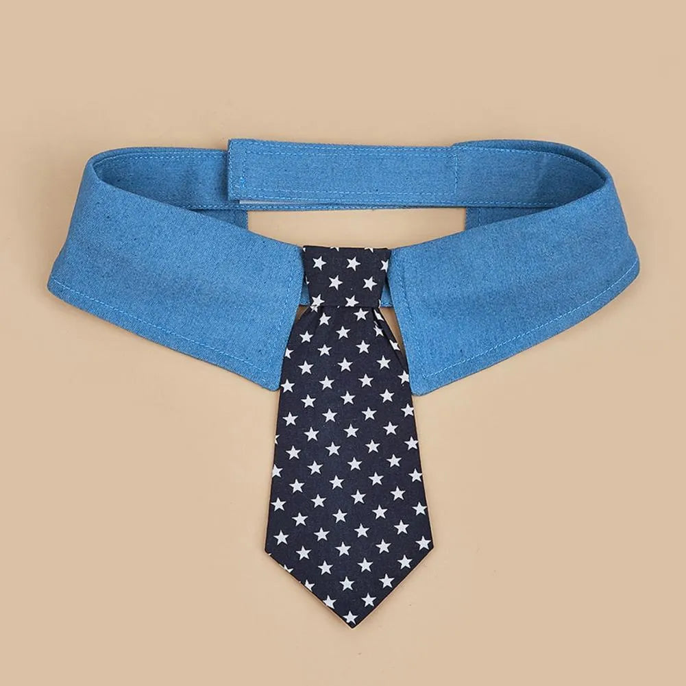 Denim pet collar with star pattern necktie attached, showing adjustable fastener tape and three size options