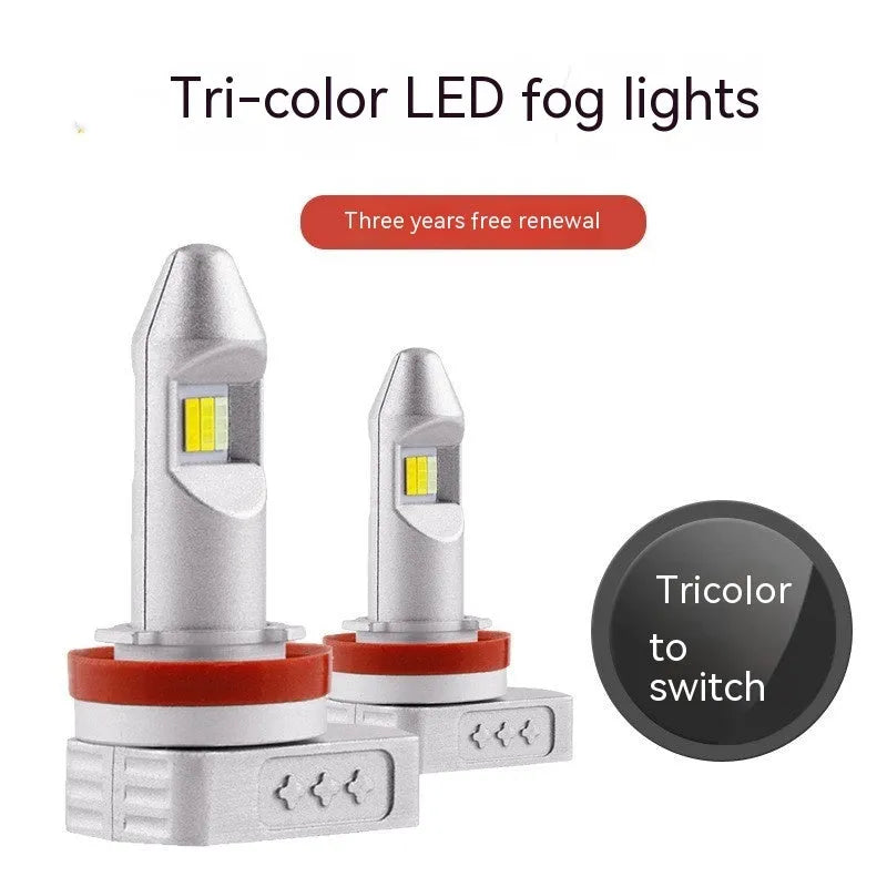 Single LED fog lamp bulb with aluminium housing and multiple connector adapters on a white background.