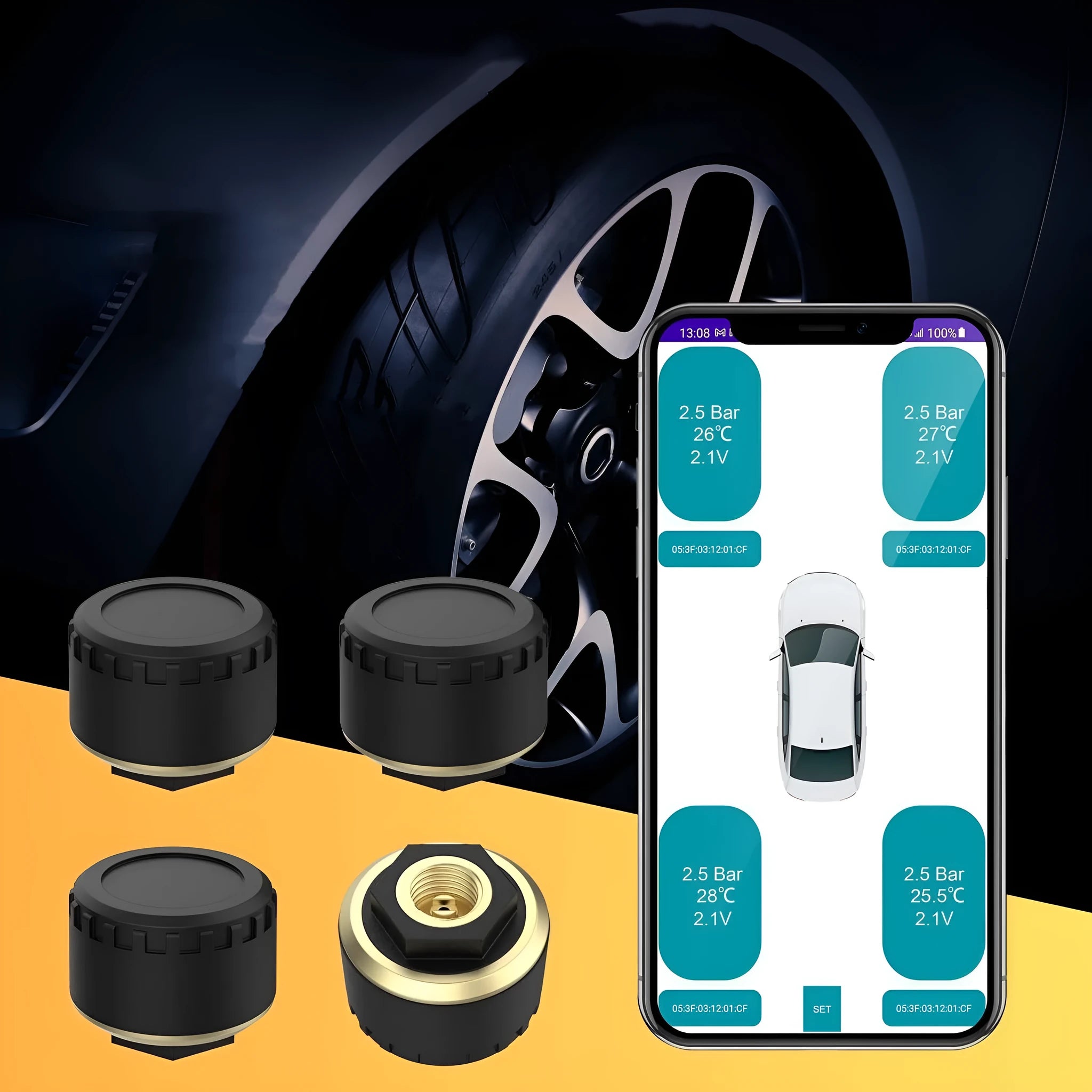 Four black Bluetooth tyre pressure sensors for mobile phone monitoring display