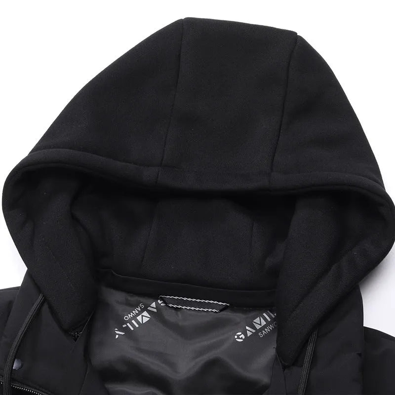 Men's high-waist down jacket vest in black acrylic fabric, front view showing waistcoat design.