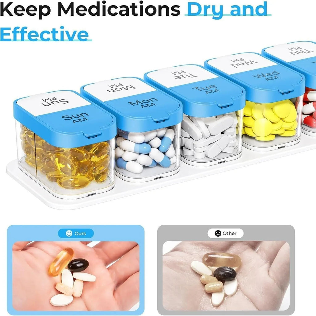 Large white and rainbow coloured pill organiser box with 14 detachable compartments showing its size.