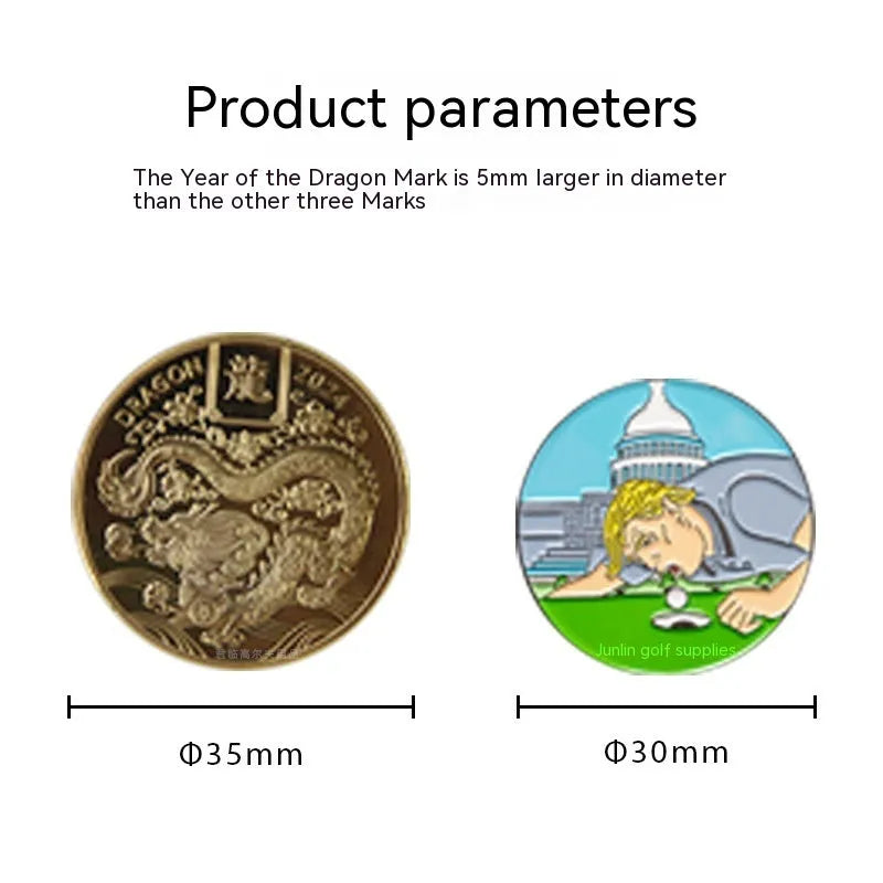 Zinc alloy golf hat clip with engraved design options including Dragon Year and ace lick ball patterns.