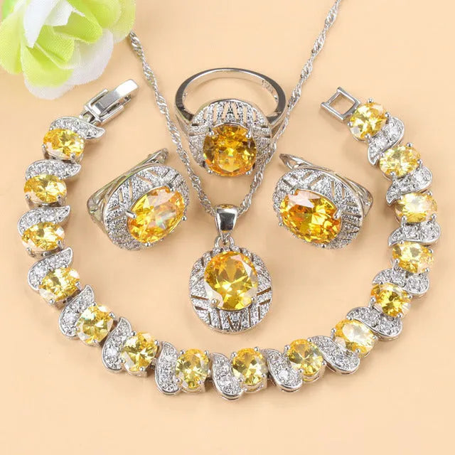 Four-piece mixed gem-inlaid copper jewellery set with necklace, earrings, ring, and bracelet in green TZ-05 colour for women
