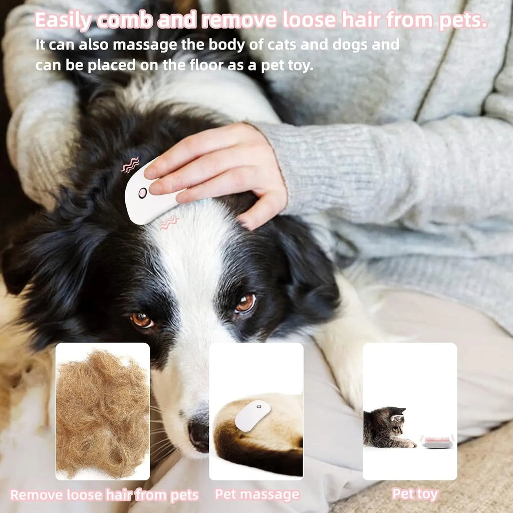 Light pink handheld electric pet massage brush with soft TPE teeth on a white background.