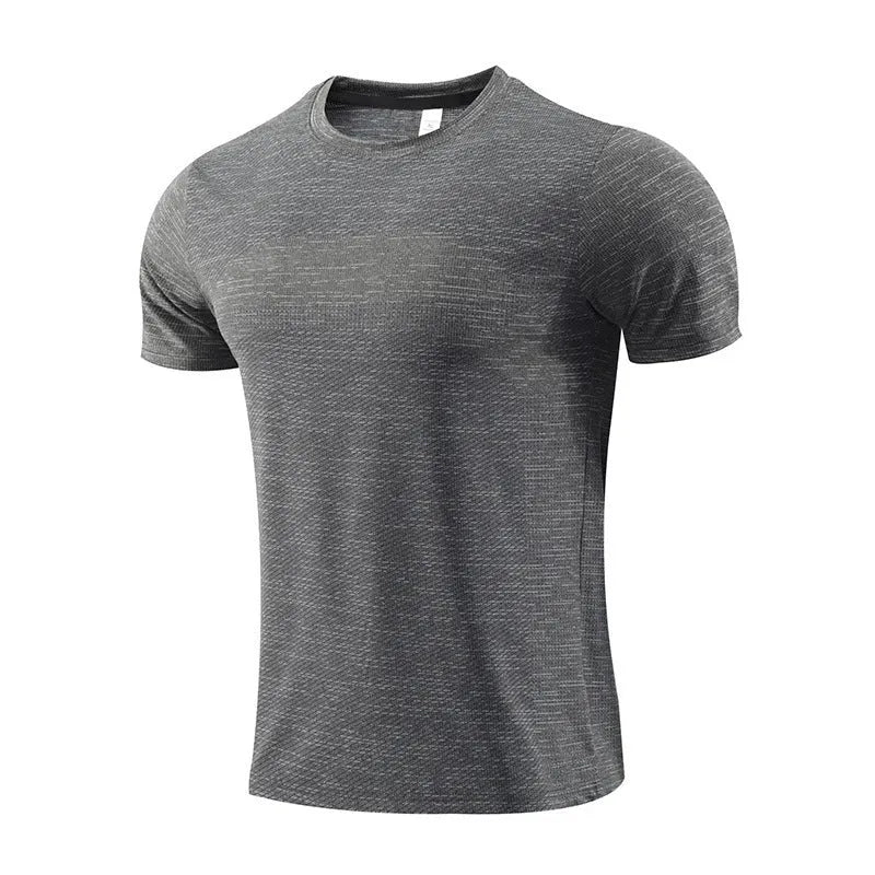 Men's short sleeve sports t-shirt in polyester spandex for running and basketball workouts.