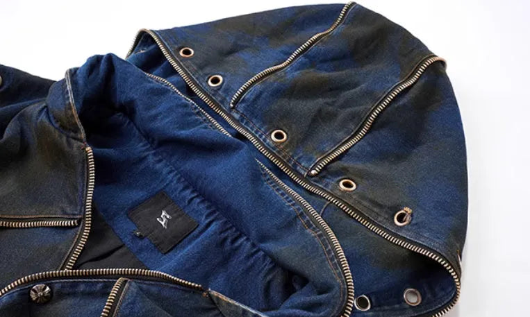 Blue Korean style hooded denim vest coat and matching trousers set on a hanger