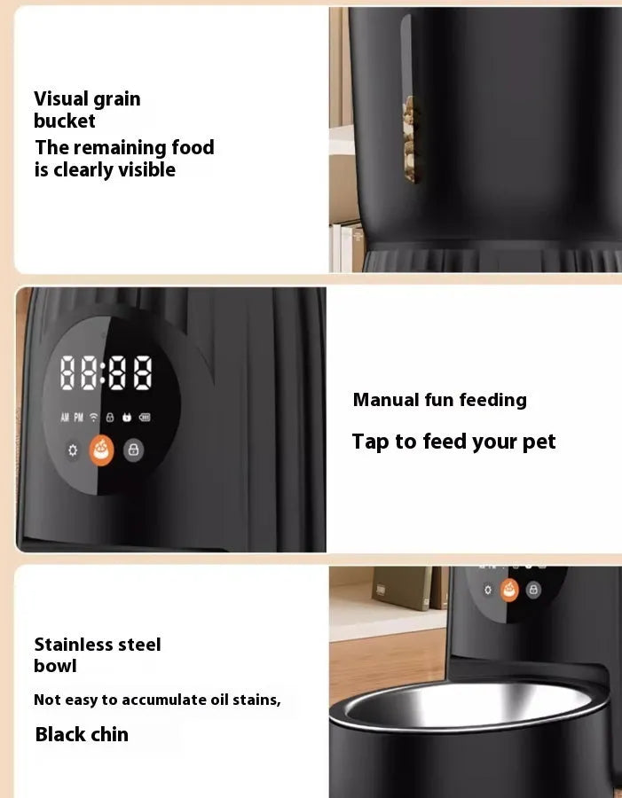 Black and white automatic pet feeder with digital display and food chamber for timed portion control
