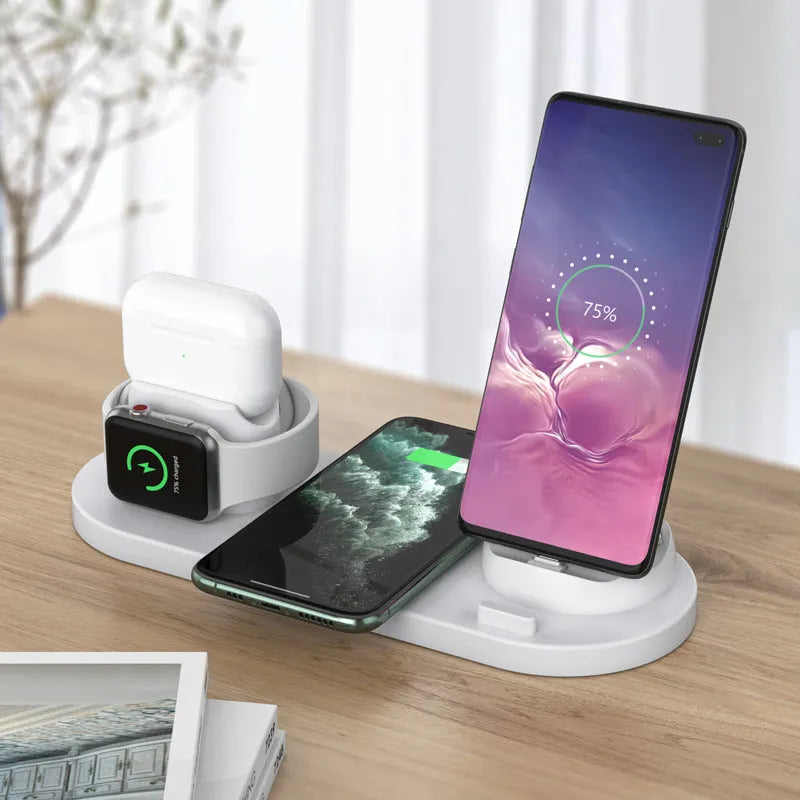 Black and white 6-in-1 wireless charging mobile phone holder with AirPods and iWatch charging ports