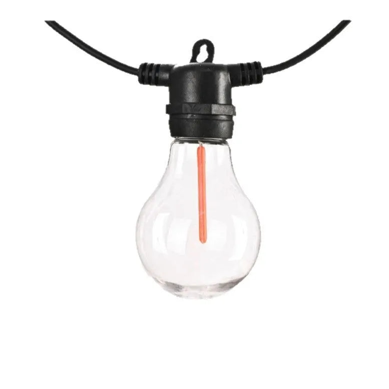 Waterproof 5m outdoor decorative string lights with 10 A60 transparent meteor bulbs in garden setting