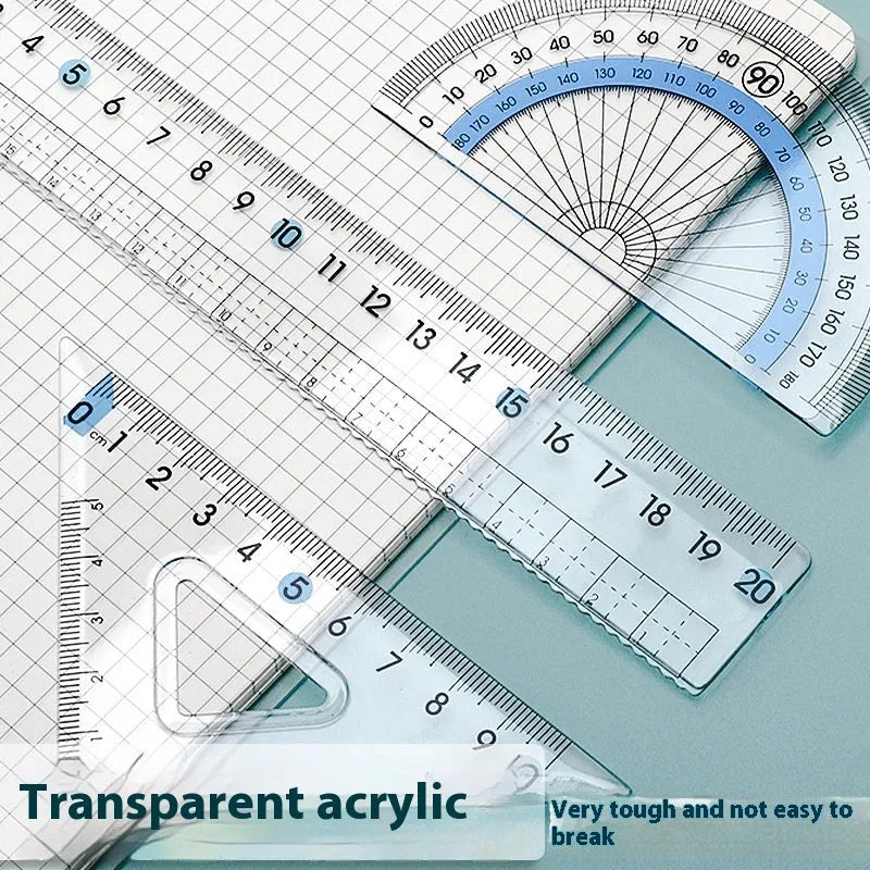Youpai transparent acrylic ruler set with square and protractor on lined paper