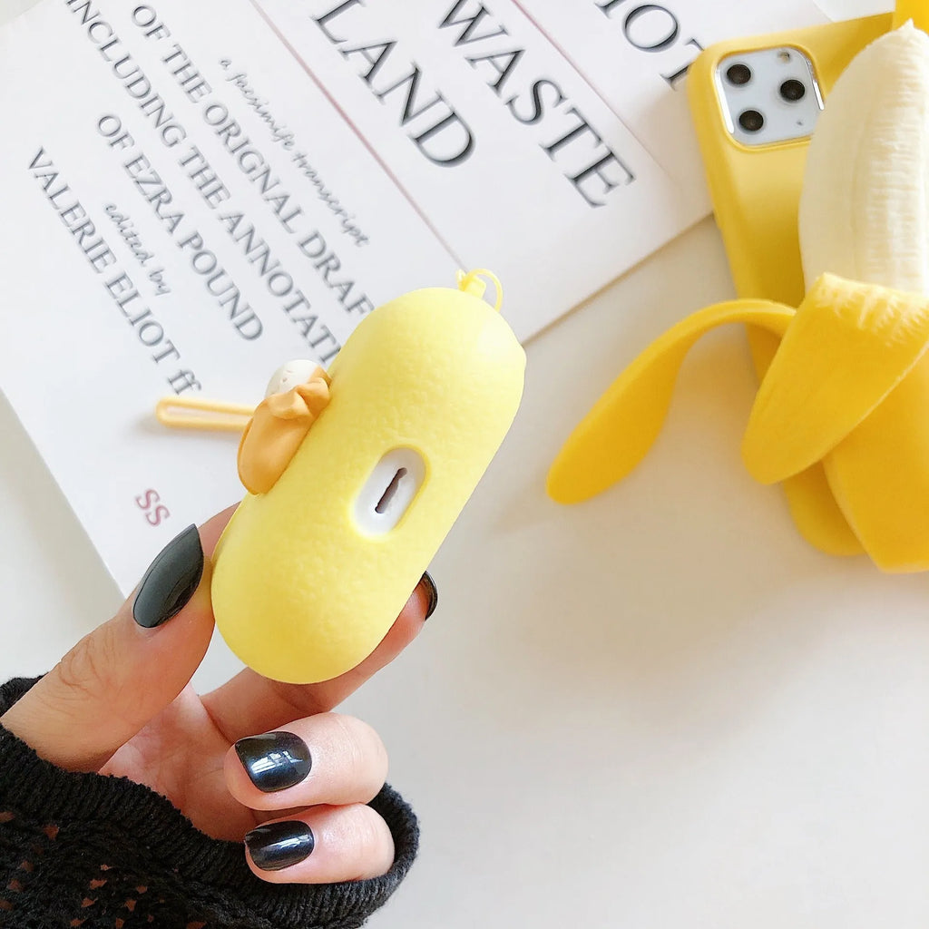 Hard back iPhone case with a solid colour and a graphic of an open banana peel.
