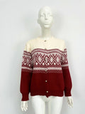 Women's red alpaca wool cardigan with grey and white diamond pattern and long sleeves