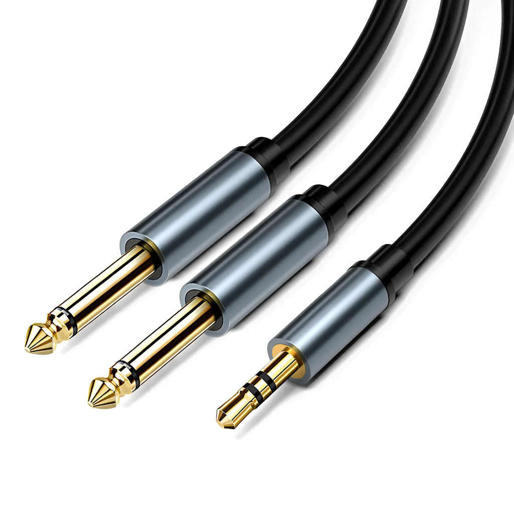 3.5mm stereo to dual 6.5mm mono male audio cable on a white background.