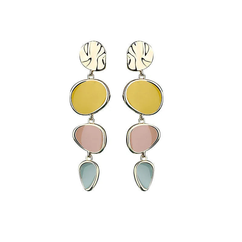 Sterling silver alloy earrings with Morandi three-colour oil drip finish on wafer disc design