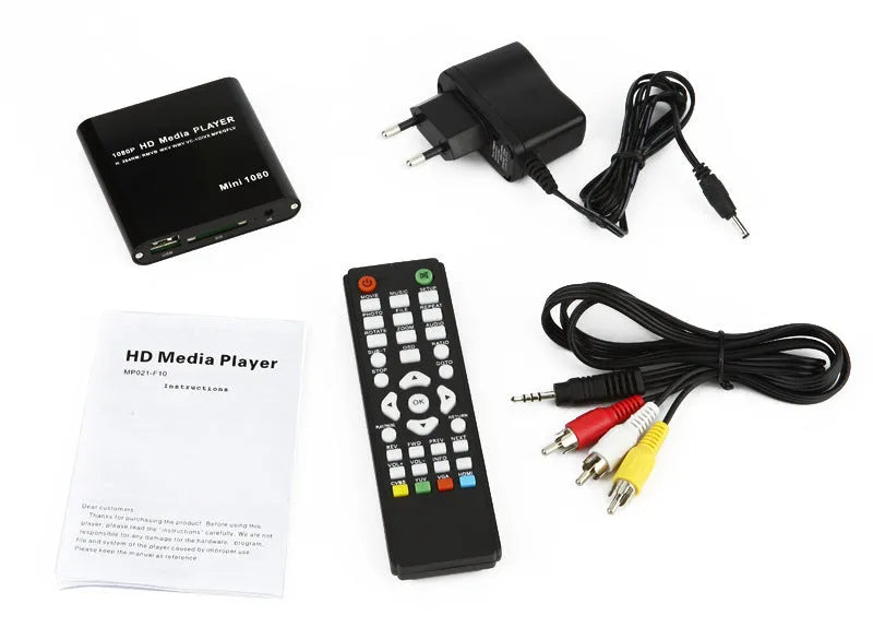 Compact black or blue 1080p Full HD media player with HDMI port, SD card slot and USB input