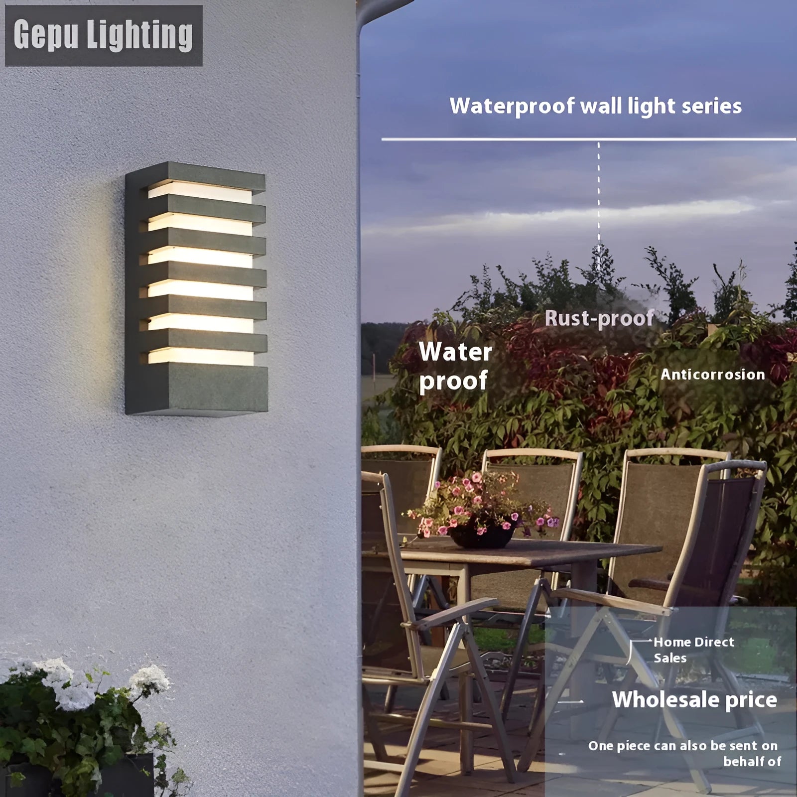 Modern minimalist outdoor wall lamp with aluminium shell and rectangular light panel.