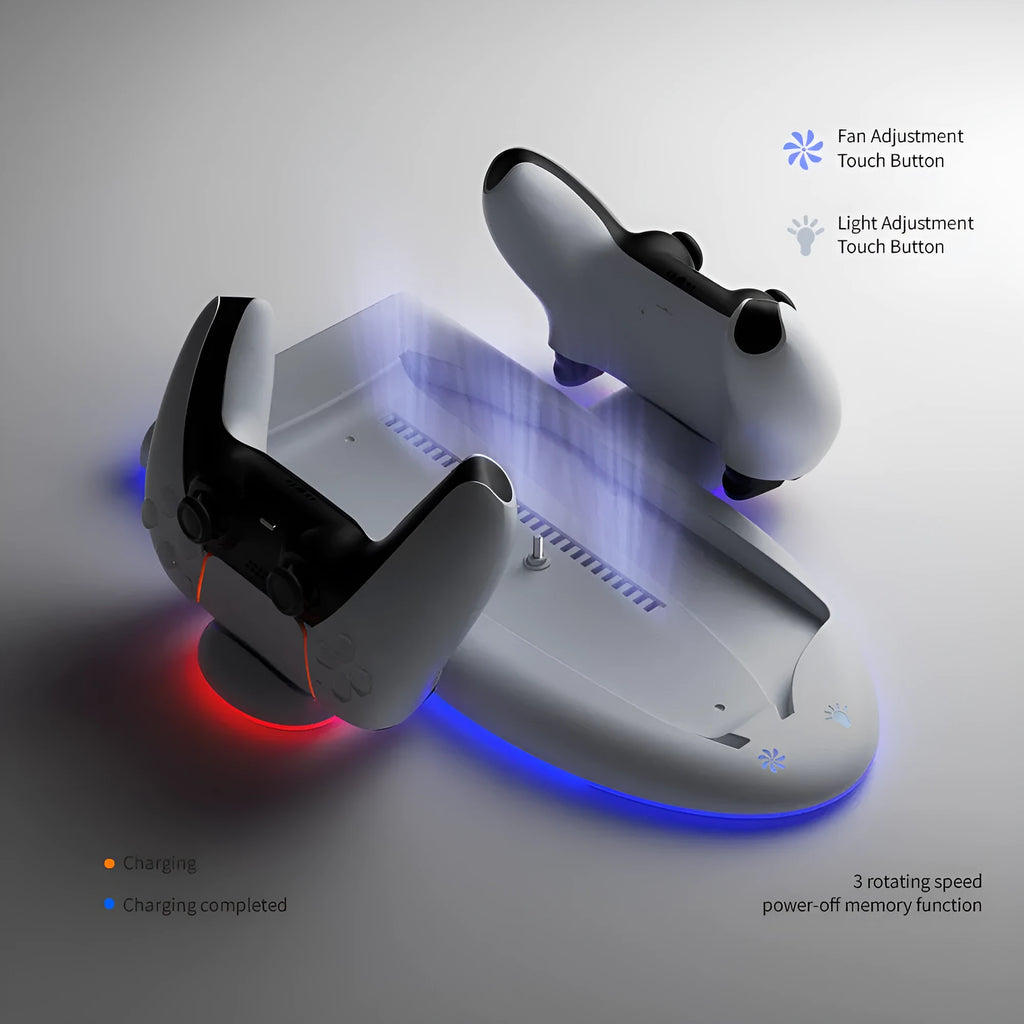 White PS5 Slim controller charging station with cooling pad and RGB ambient lighting