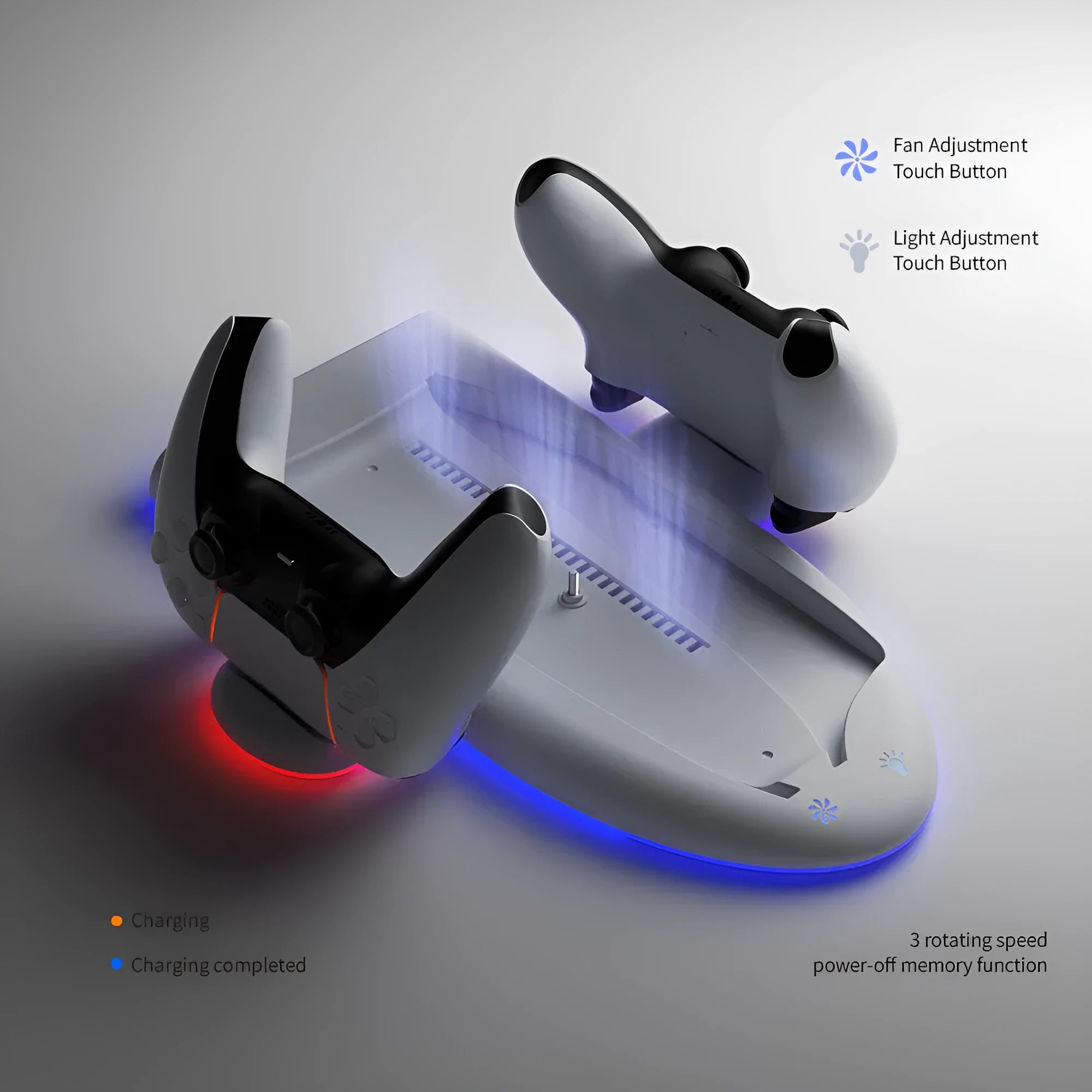 White PS5 Slim controller charging station with cooling pad and RGB ambient lighting
