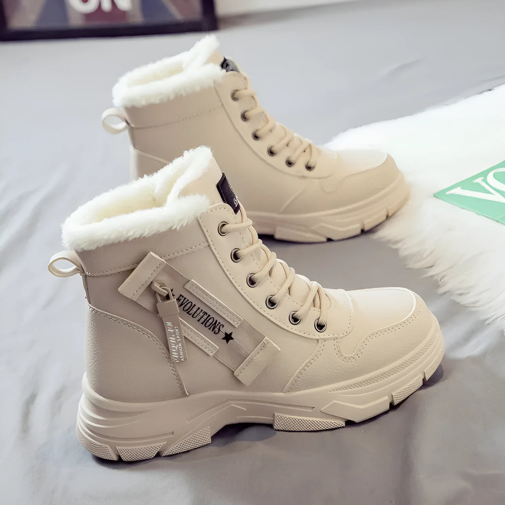 Women's tall black plus size snow boots with lace-up front and fleece lining on a white background