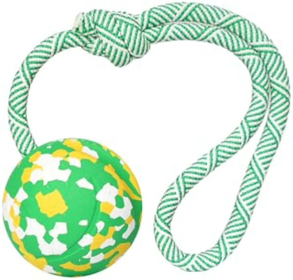 Natural rubber dog ball attached to nylon rope for interactive fetch and tug games