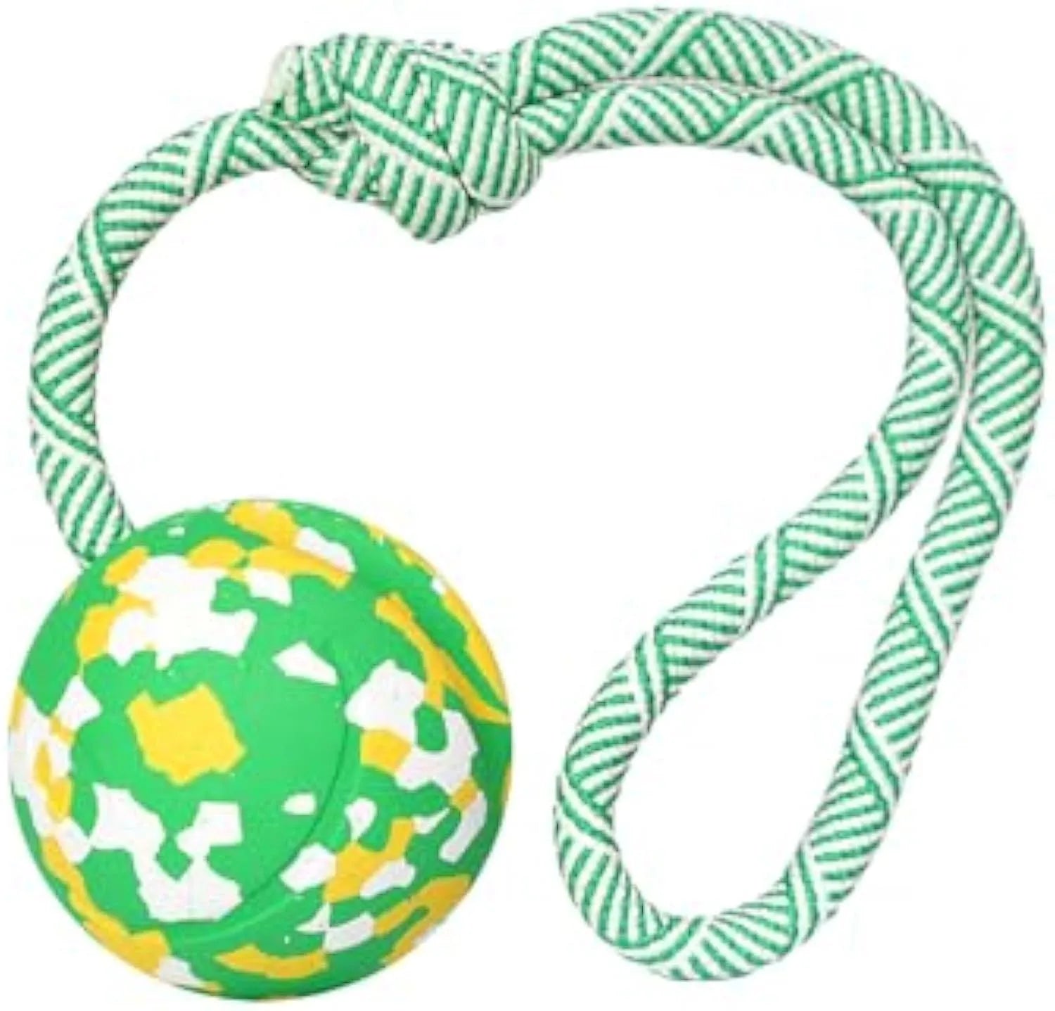 Natural rubber dog ball attached to nylon rope for interactive fetch and tug games