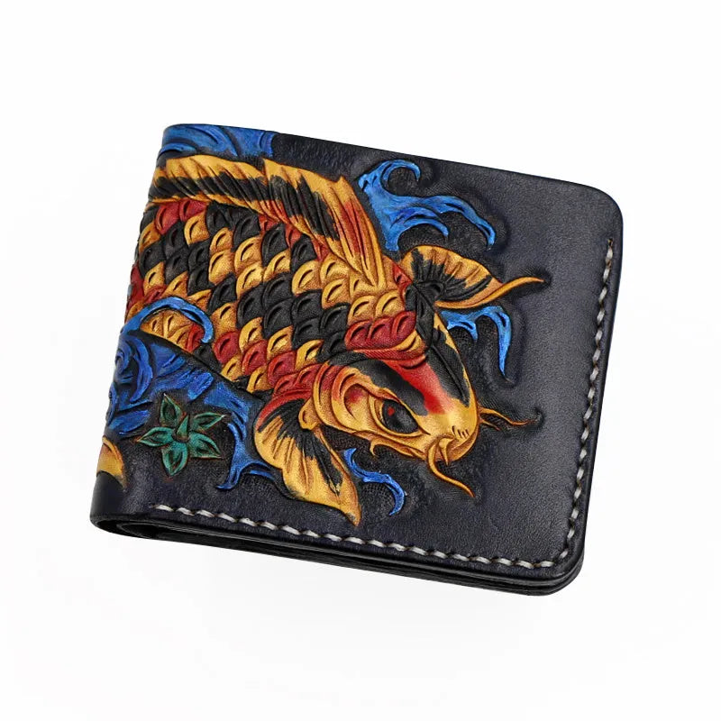 Men's cow leather short wallet showing red, blue, and gold colour options with open closure