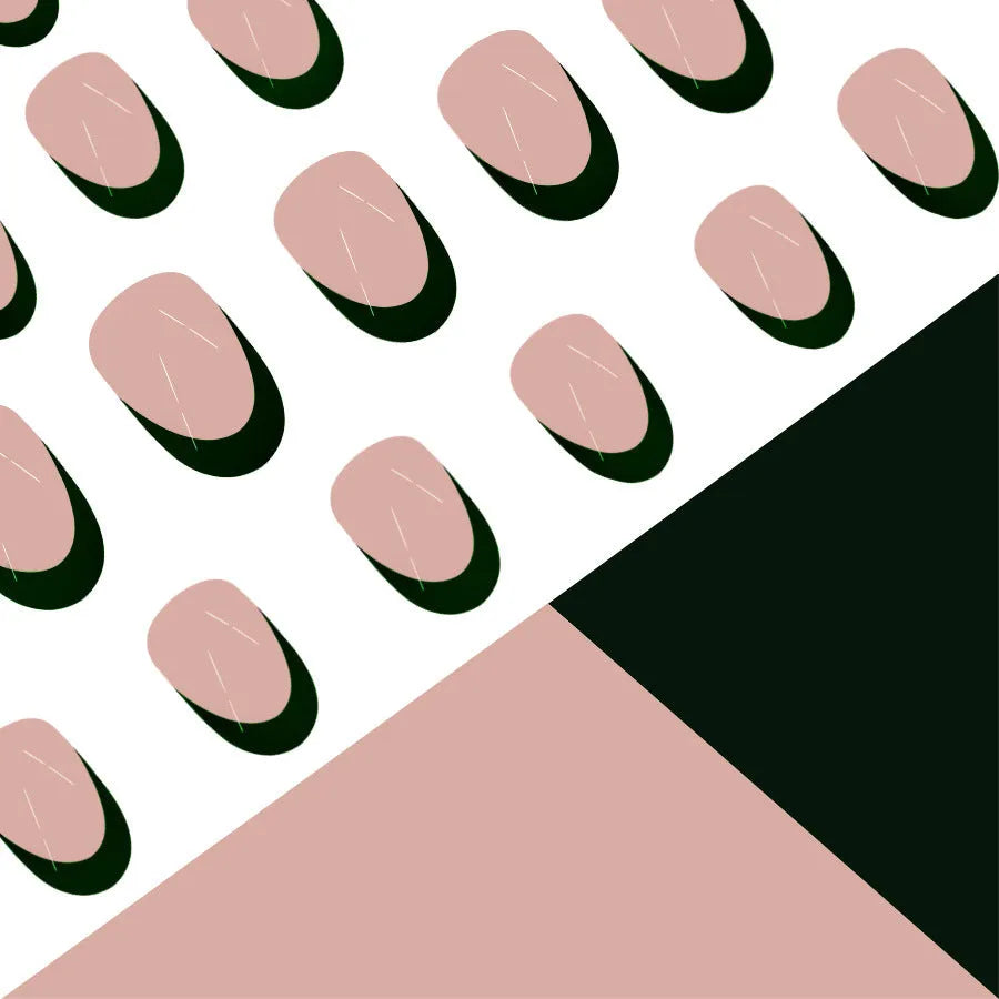 24 black French manicure press-on nails in short almond style arranged as complete set