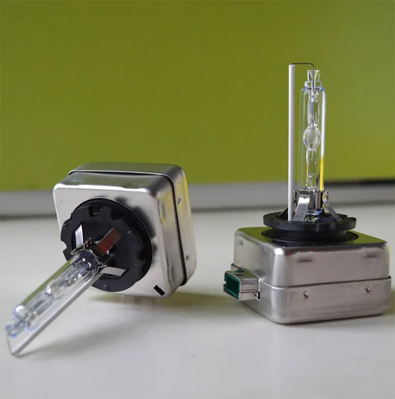 Xenon automotive headlight bulb with aluminium alloy shell for D1S and D1R systems, showing colour temperature options.