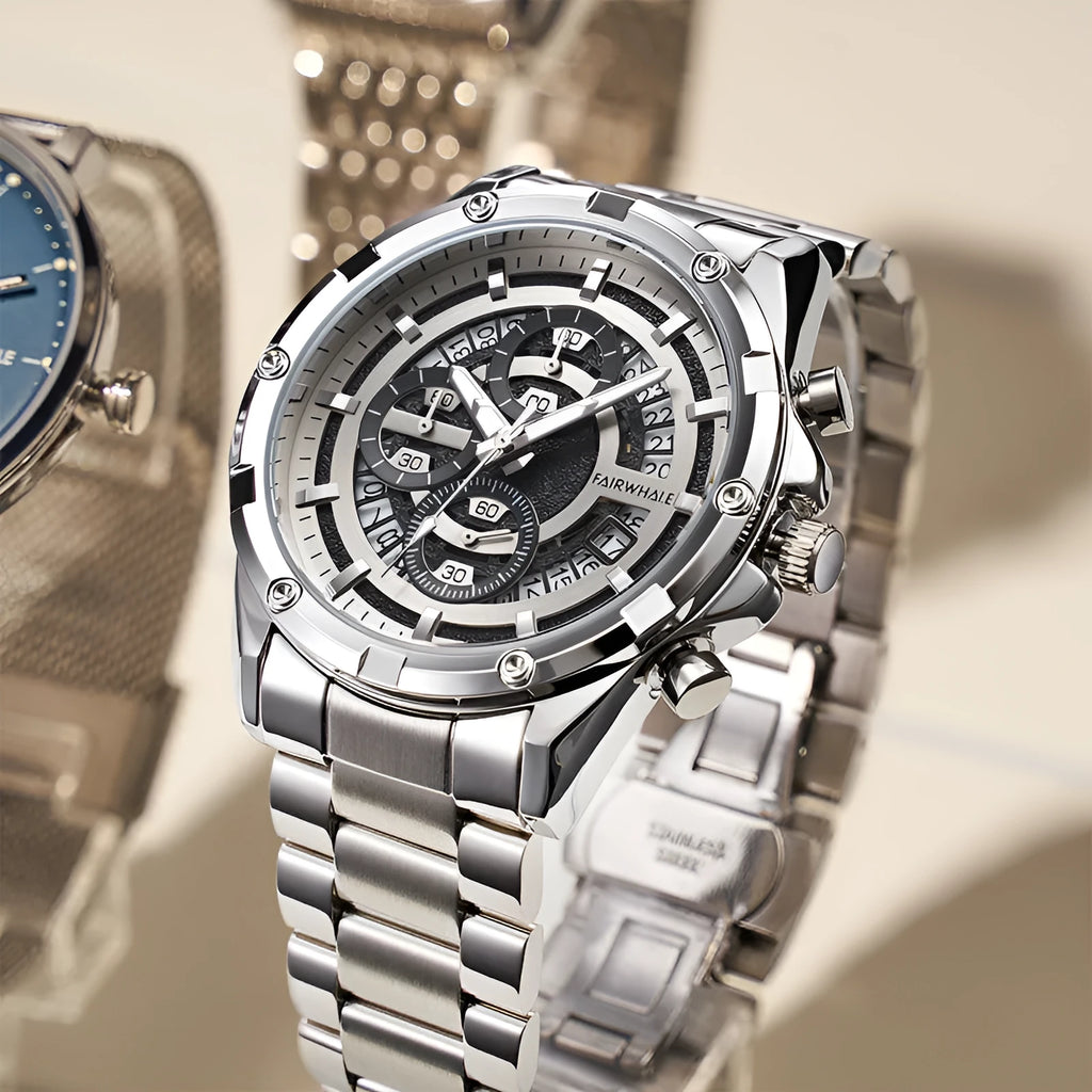 Men's waterproof quartz watch with luminous hands and steel bracelet in three colour variations