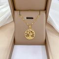 Gold lucky tree pendant necklace with mother-of-pearl and rhinestone zircon on adjustable 41-50cm chain