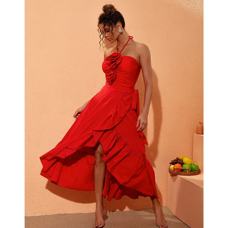 Red women's V-neck one-piece swimsuit with detachable skirt showing open back design