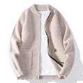 Men's straight-cut striped cardigan in a polyvinyl alcohol fibre blend, shown in beige colour.