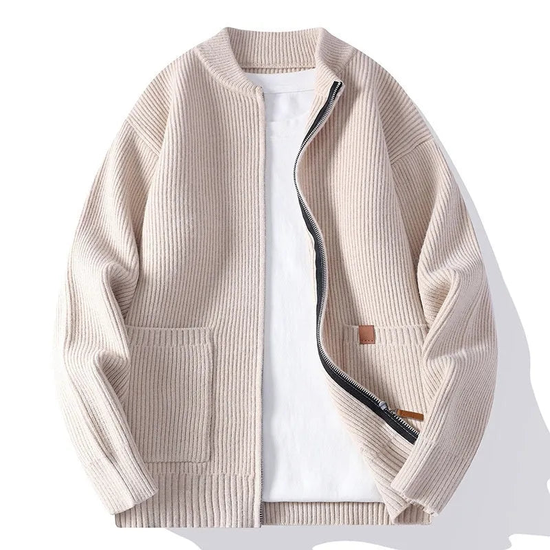 Men's straight-cut striped cardigan in a polyvinyl alcohol fibre blend, shown in beige colour.