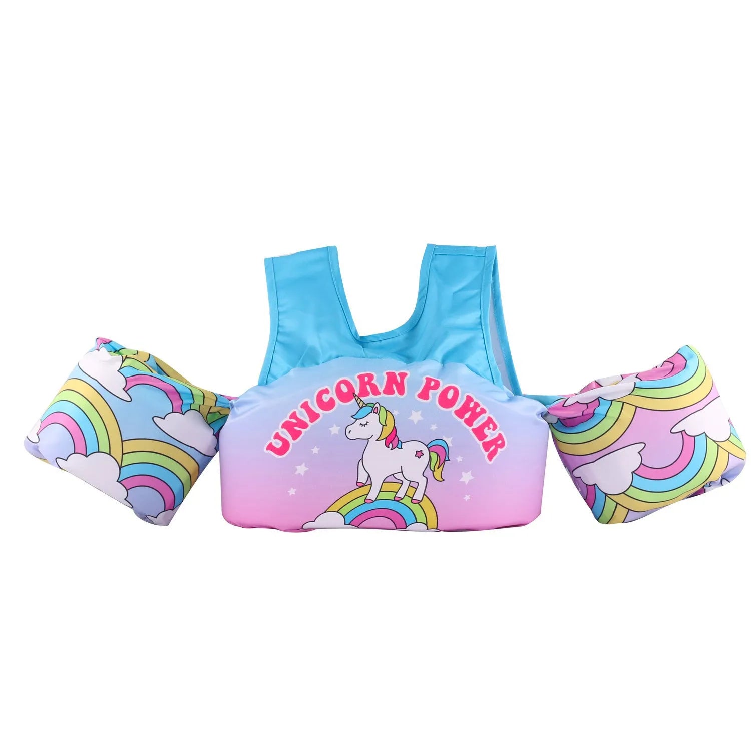 Cartoon children's swimsuit with integrated arm swimming rings in colourful watermelon pineapple design