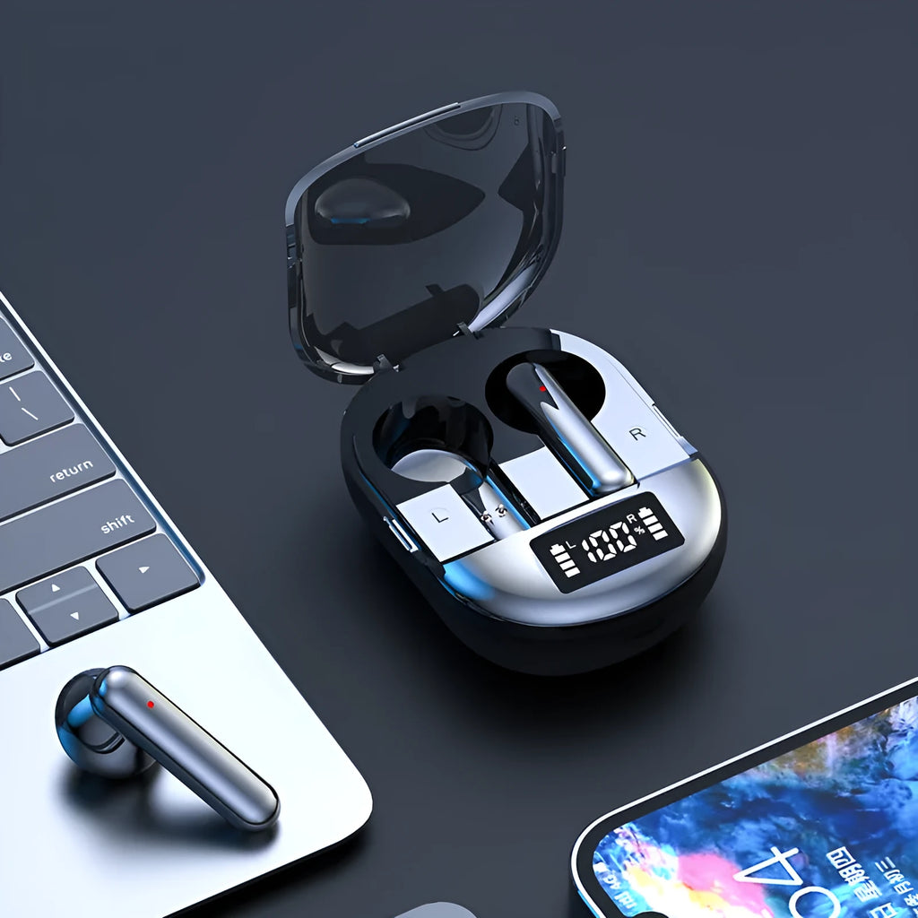 Black and white wireless Bluetooth headset with digital display screen and compact charging case