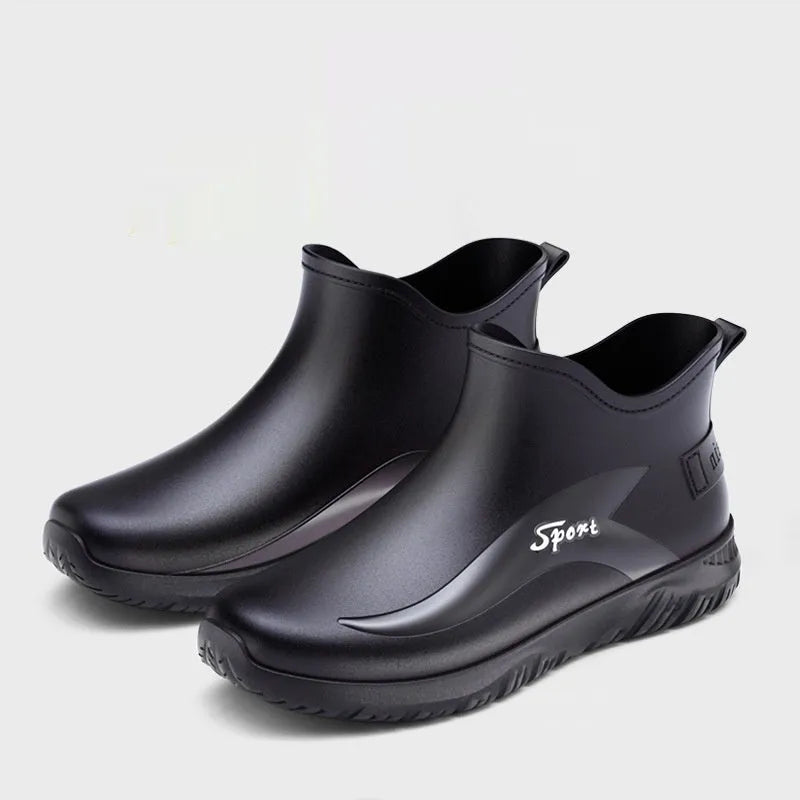 Men's short ankle-height PVC rubber boots with a flat non-slip sole