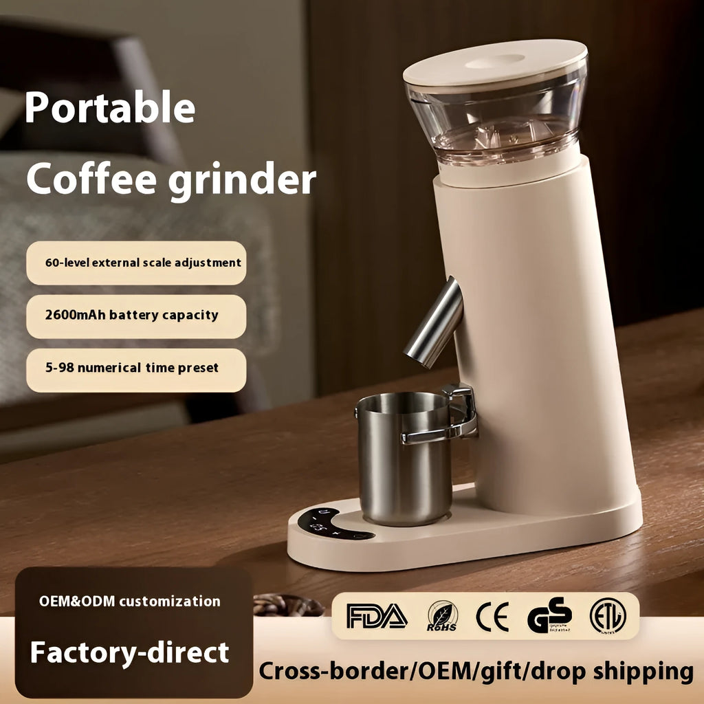 Retro style electric coffee grinder with stainless steel body in beige colour.