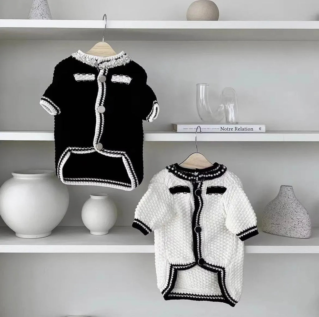 Korean style puppy sweater with pearl collar in white or black colour for small dogs