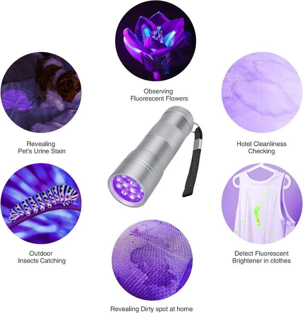 Black or silver aluminium alloy handheld UV flashlight torch with purple light wavelength for detection.