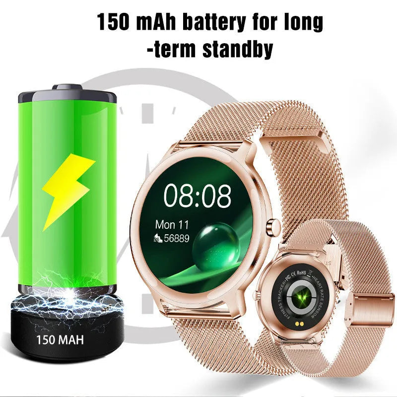 Women's Bluetooth smart watch with 1.3-inch touch screen showing stainless steel and mesh band options in rose colour and silver