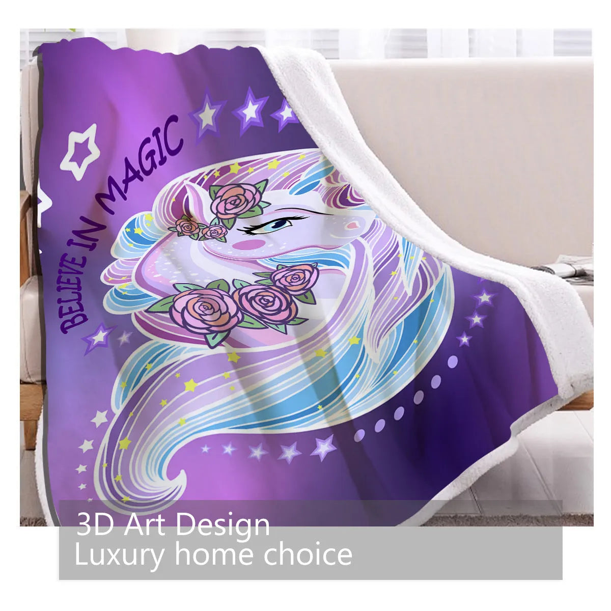 High weight soft warm unicorn themed purple lamb wool blanket on sofa