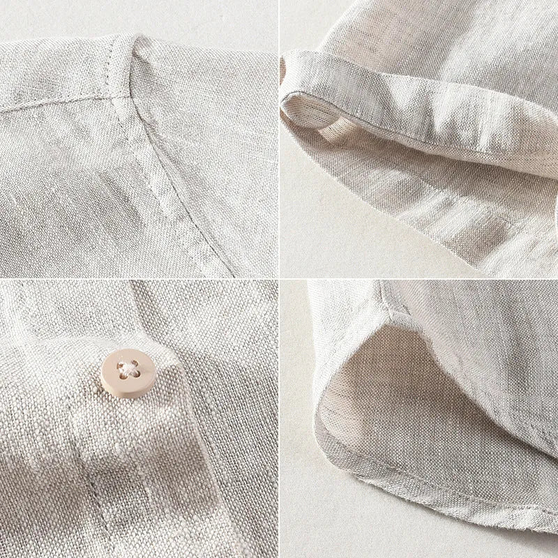 Men's linen short sleeve shirt with square collar in raw jute and grey colours
