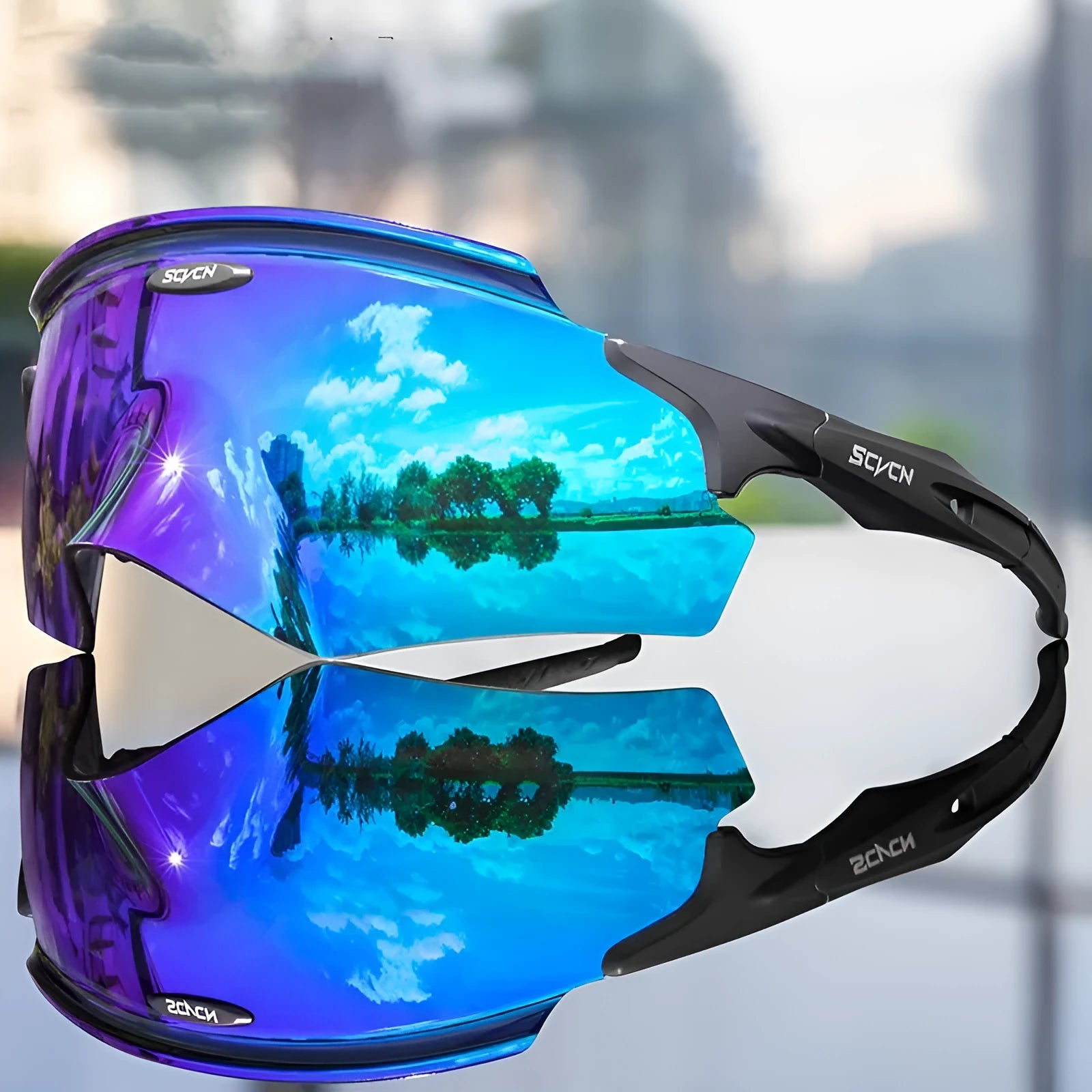 Frameless integrated lens sports glasses with colourful windproof design