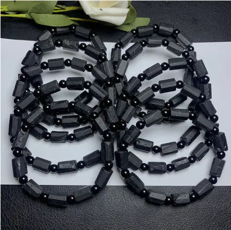 Natural black tourmaline rough stone bracelet with approximately 9mm beads