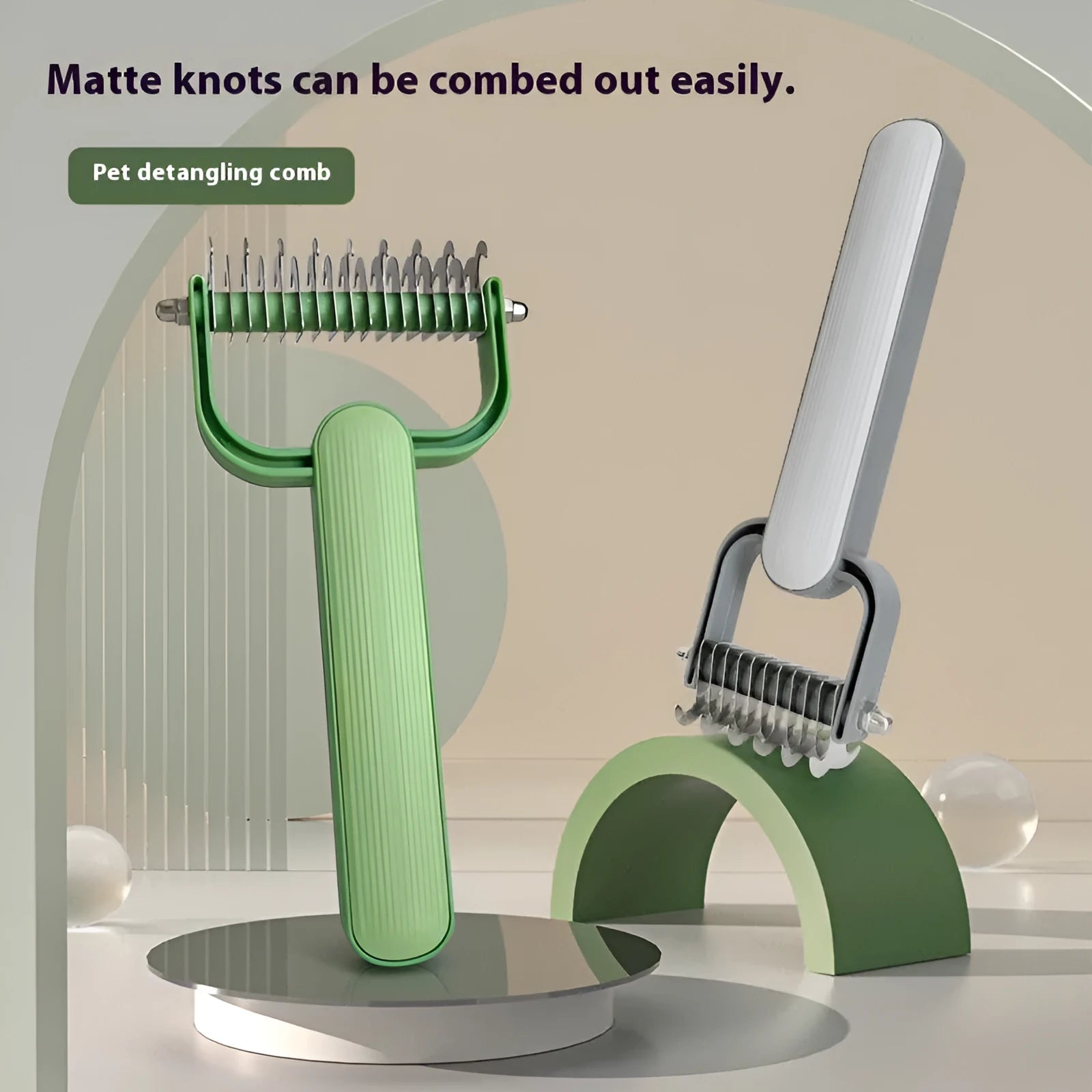 Green and grey dog grooming combs with stainless steel detangling teeth
