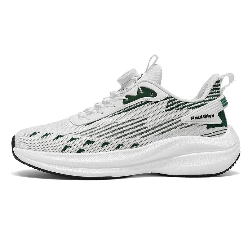 Men's white green and gray running shoes with rotating buckle and mesh upper on flat TPU sole.