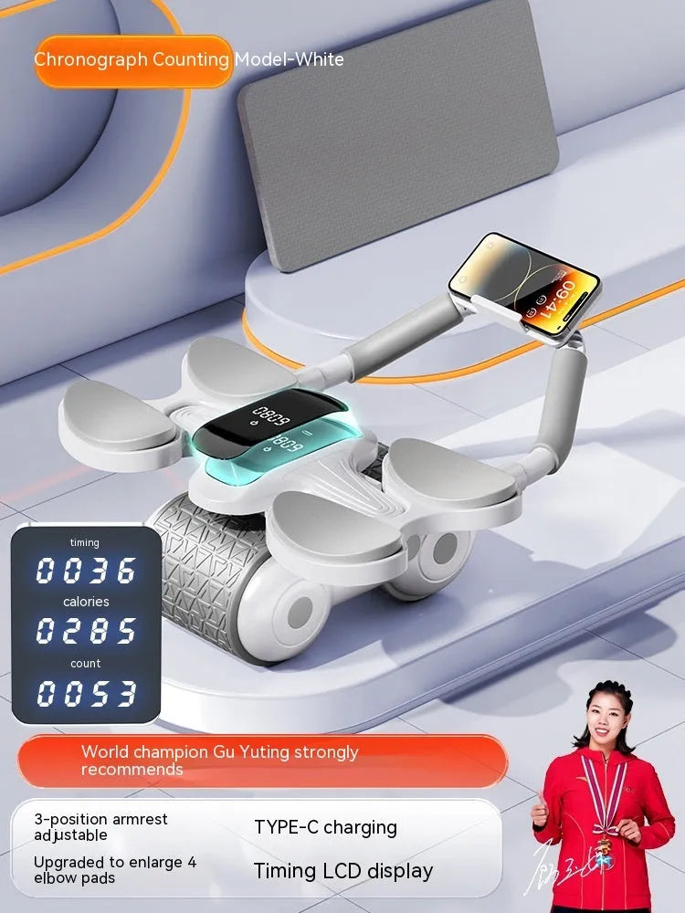White belly contraction fitness roller with large LED timing and calorie counting screen.