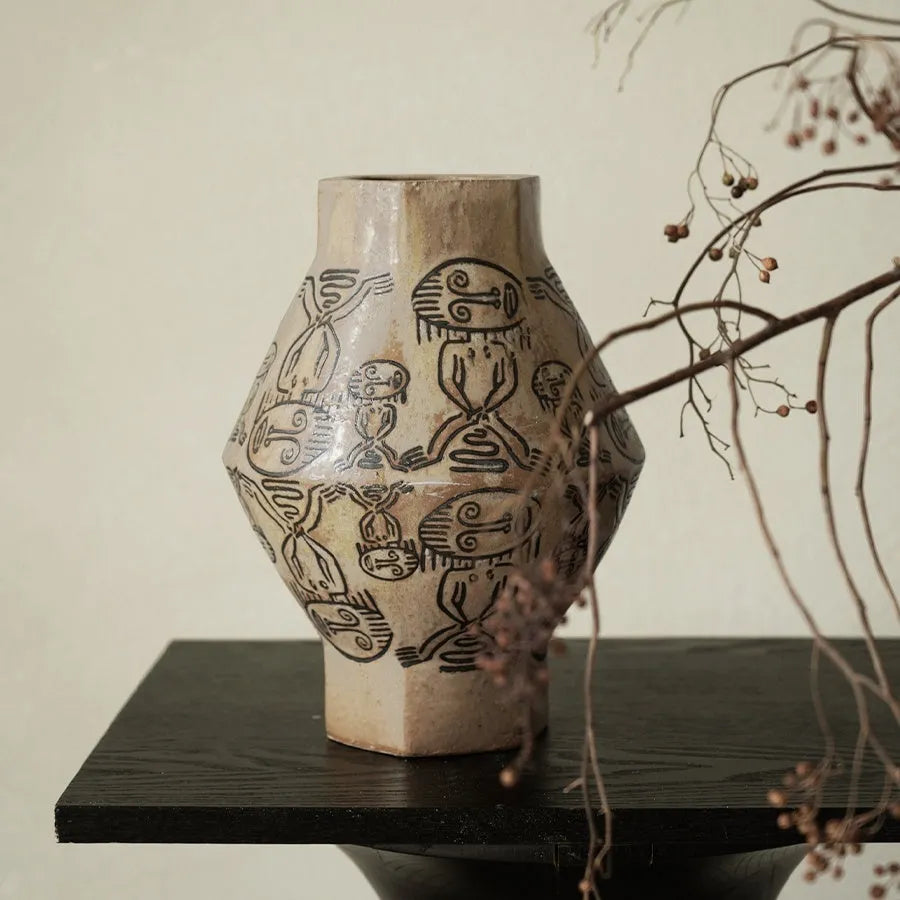 Hand-painted ceramic cylindrical table vase with vintage carved art and tribal totem flower patterns