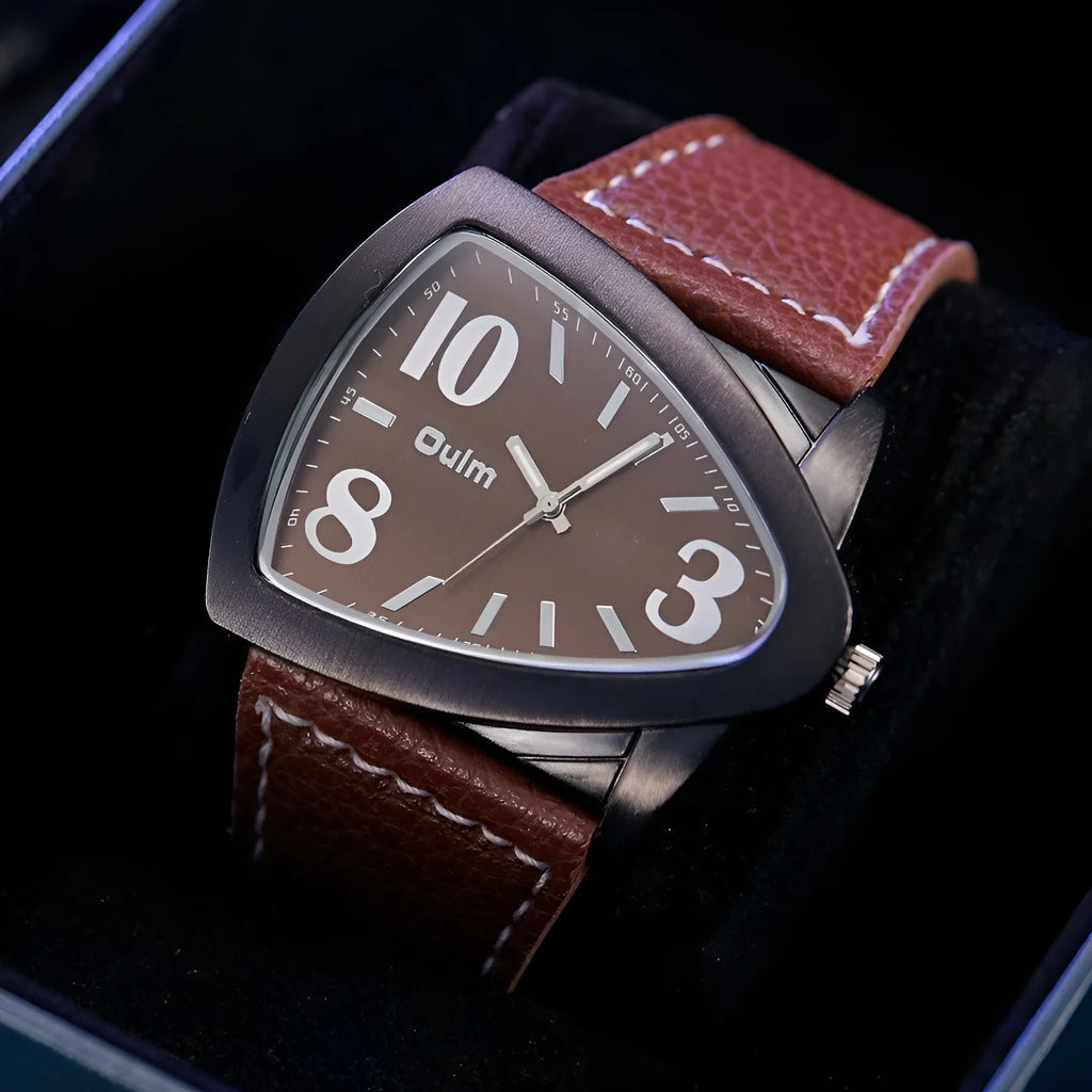 Men's casual triangle belt quartz watch showing slim 9mm profile and available colour options